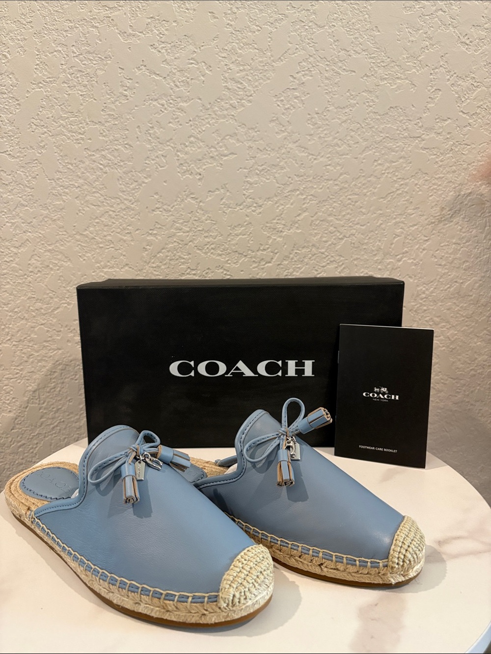 NWT Coach size 6 Women’s Light Blue Leather Espadrille Mules with Tassels